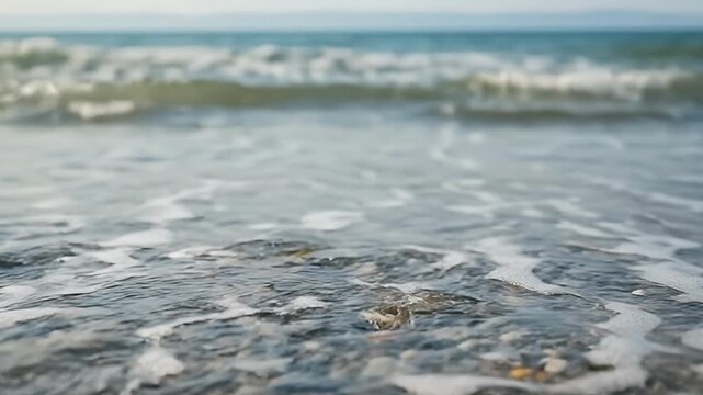 A serene, low-angle shot captures the gentle ebb and flow of crystal-clear ocean waves washing over a picturesque pebbled shore. The water cascades over smooth, wet stones, creating delicate white foa