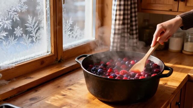 Winter home kitchen scene in medium shot capturing the process of making smallbatch fruit jam with rich berries steaming pot ladle and frosted window backdrop creating a cozy