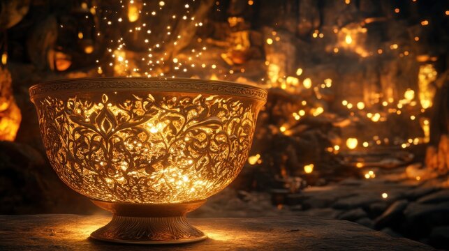 A radiant golden chalice with intricate engravings glows with warm light and sparkling effects