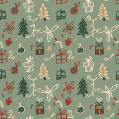 Handdrawn festive Christmas pattern featuring trees gifts and decorations on a vintage sage background