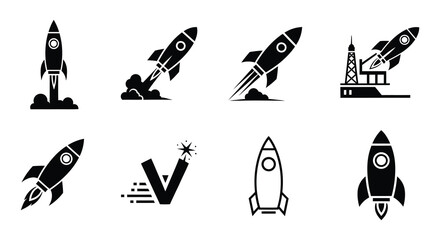 Collection of black rocket ship icons representing space exploration and launch stages © MdNirob