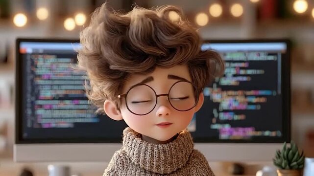 Animated cartoon boy with glasses and sweater looking at computer screen.