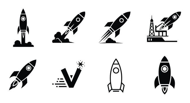 Collection of black rocket ship icons representing space exploration and launch stages