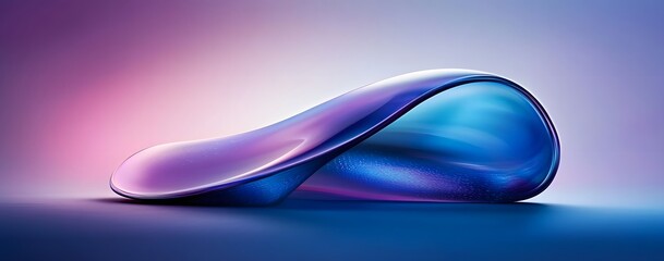 Horizontal abstract glass object resembling flowing liquid or distorted droplet featuring smooth curved surfaces reflecting intense blue and pink light on gradient backdrop design element