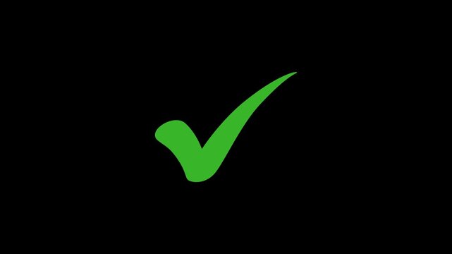green check mark animation on black background , 4K loopable with alpha channel. green tick icon overlay.
