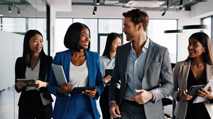 A diverse business team confidently walking through a modern office hallway, showcasing collaboration and positive workplace culture. - Powered by Adobe
