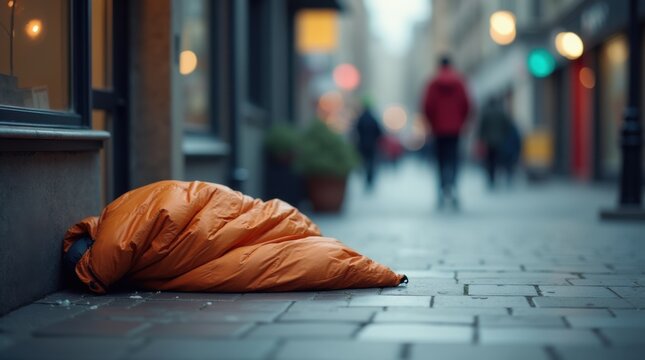 Homeless people sleeping in sleeping bag and cardboard in a street, concept of financial crisis, unemployment, lose job, vulnerable groups. 
