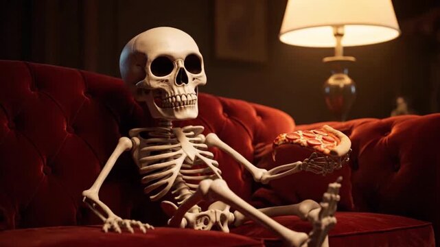 Relaxed Skeleton Reclines on Red Couch Under Warm Lamp Light in Dimly Lit Room, Captured from Front View
