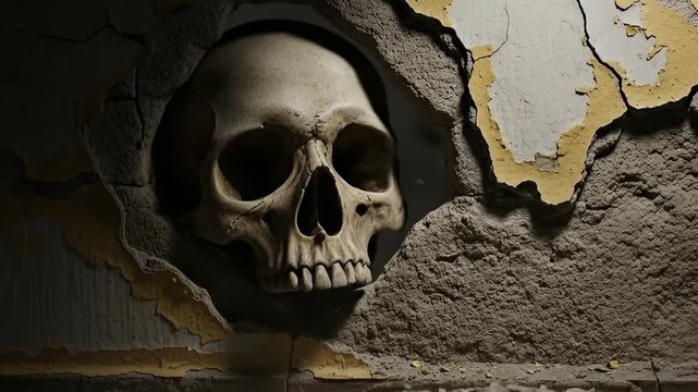 A stark close-up reveals a weathered human skull partially hidden within a ragged, gaping hole in a severely dilapidated wall. The surrounding wall surface is deeply cracked and scarred, with layers o