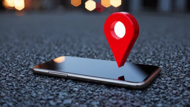 Smartphone with GPS navigation pin on asphalt road surface