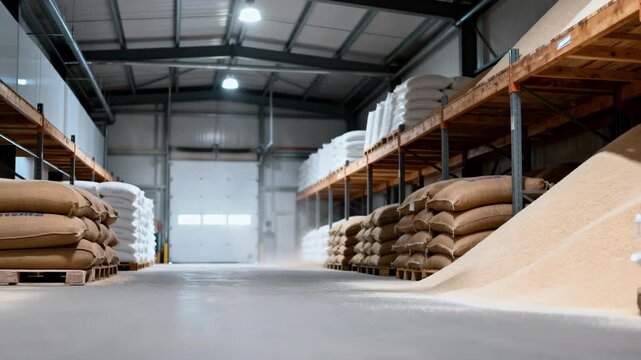 Medium shot of ceilingmounted IoT humidity sensors in a sugar warehouse capturing realtime data on moisture levels to ensure product quality and prevent spoilage.