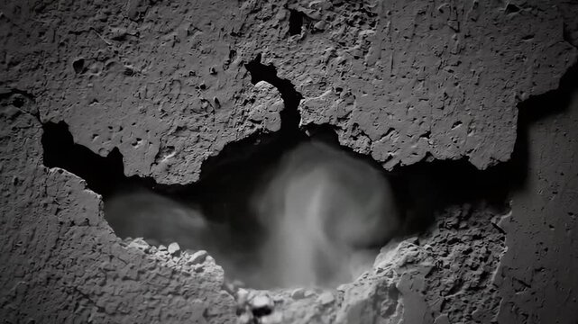 A stark, dark grey wall surface, heavily textured with severe cracks, peeling layers, and gaping holes, reveals a dynamic scene of crumbling debris and rising dust. This abstract yet visceral texture 