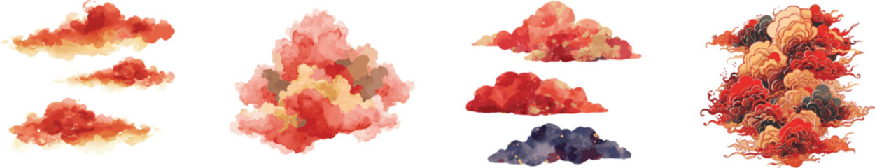 Watercolor set traditional Red and Gold Clouds Illustration, hand drawn colorful flat vector style. Isolated on white background