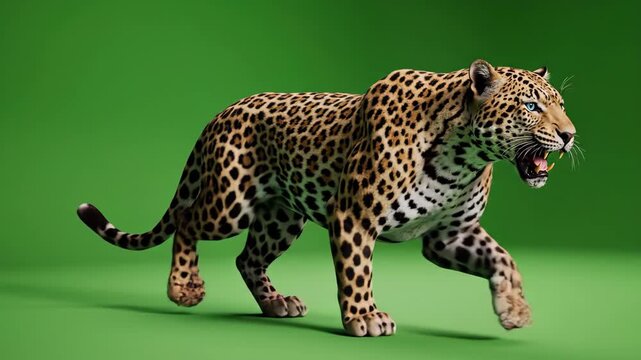 Full Body Leopard Walking with Open Mouth on Green Background Spotlight on the Leopard and the Background is Consistent and Simple Studio shot