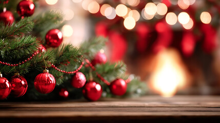 Obraz premium A decorated Christmas tree with red ornaments and sparkling lights creates a festive atmosphere, perfect for holiday celebrations.