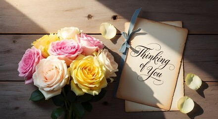 Thinking of you with a bouquet of roses and a vintage card