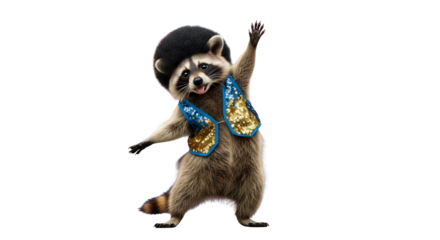 Funny dancing raccoon character wearing a sparkling vest and hat celebrating a party isolated PNG with Transparent Background