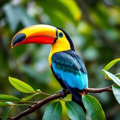 Fototapeta premium A toucan with a large, colorful beak perched on a leafy branch, graphic, jungle