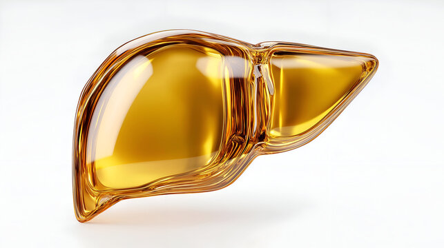 A detailed model of a human liver made from a clear amber material, showcasing its anatomical structure for educational purposes.