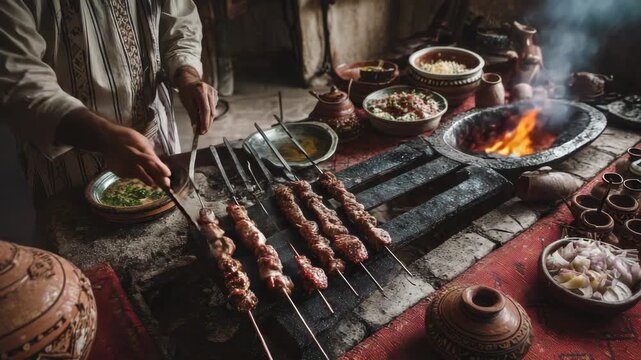 Traditional Middle Eastern chef grilling lamb kebabs over an open fire in a rustic kitchen setting