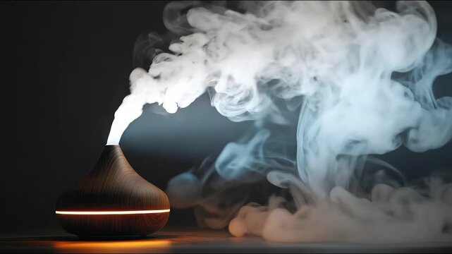 Serene Aroma Diffusion: An elegant diffuser releases a swirling cloud of fragrant vapor into the air, creating a tranquil and inviting atmosphere. 