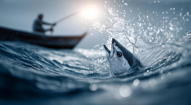 A dynamic scene of fishing with a fisherman in a boat and a fish splashing out of the water, capturing the essence of adventure.