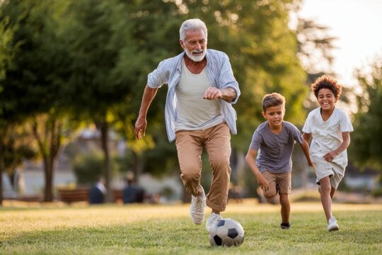 Cheerful Hispanic senior man playing soccer with his two young grandsons on a green lawn in a park during sunset to enjoy family bonding and active lifestyle