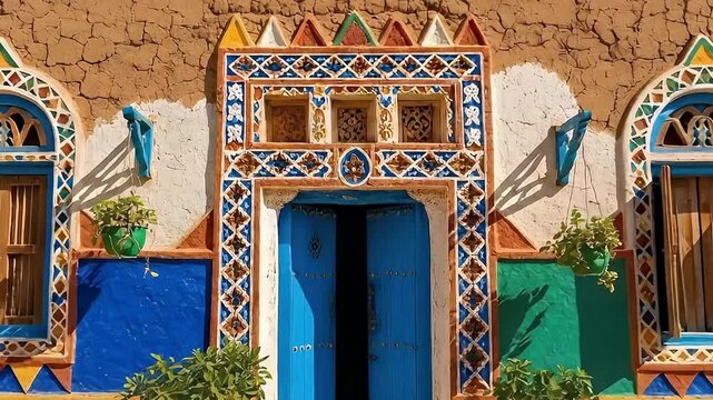 A stunning close-up shot of a meticulously decorated traditional building facade, bursting with vibrant hues of blue, green, yellow, and orange. It features intricate geometric patterns and ornate det