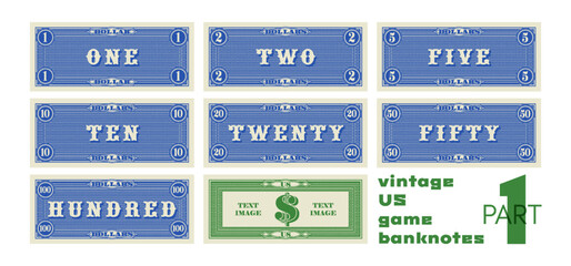 Vector set of vintage US banknotes. Denominations: 1, 2, 5, 10, 20, 50, and 100 dollars. Game collection of retro notes with guilloche patterns and grid. Blue obverse and green reverse. Bill. Part 1