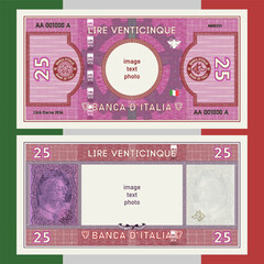 Vector obverse and reverse of new banknote. In Italian it means twenty five lire, bank of Italy. Play money. Denomination 25. Seals, head wolf and bee. Engraving, pixel portrait, lady. Sample of bill