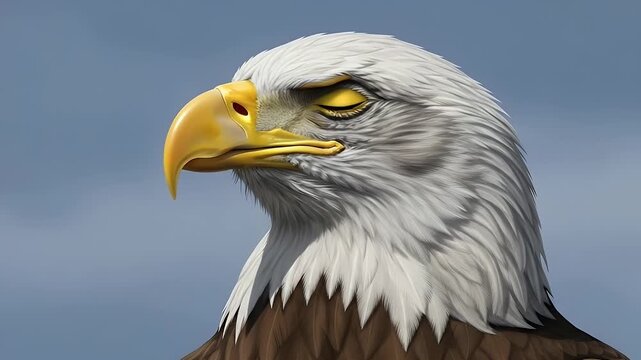bald eagle close-up portrait with piercing eye against blue sky