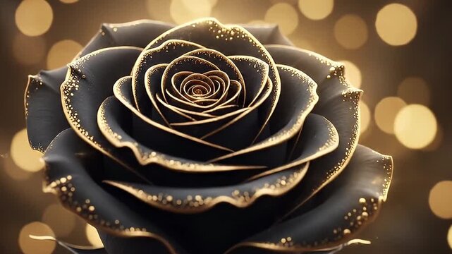 A stunning, opulent black rose with intricate golden outlines and sparkling glitter on its petals stands elegantly against a backdrop of shimmering golden bokeh lights. This luxurious and mysterious f