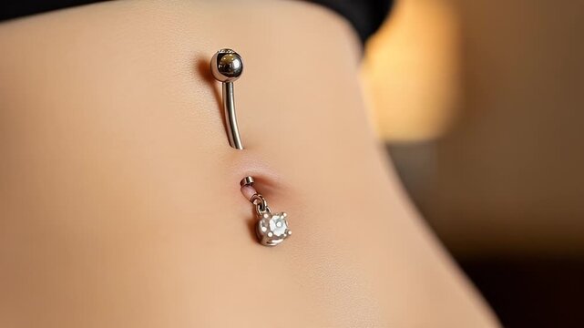 belly button piercing closeup with gold curved barbell and crystal jewel