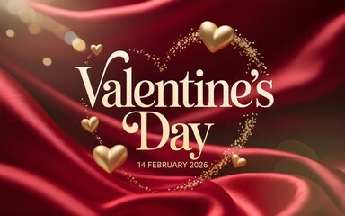 Naklejka premium Opulent Valentine's Day Greeting Card with a Golden Heart Wreath on a Luxurious Red Satin Fabric Draped Background