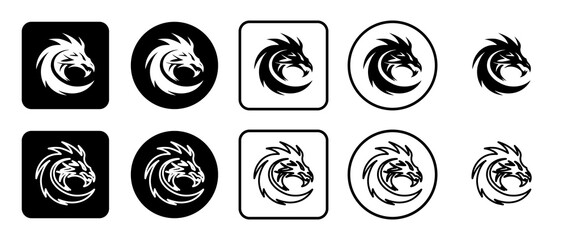 Icon set of dragon's head symbol. Filled, outline, black and white icons set, flat style.  Illustration on transparent background
