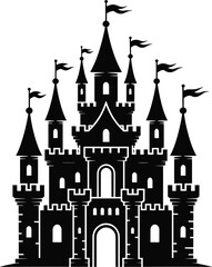 Obraz premium Black and white castle with multiple towers and flags 2