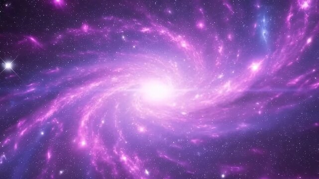 A stunning, vibrant spiral galaxy mesmerizingly rotates within the infinite expanse of deep space, glowing with an ethereal blend of bright purple and pink hues. Countless stars twinkle across the cos