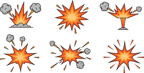 Comic explosion starburst vector set with fire blasts and smoke effects for action design © REYAD