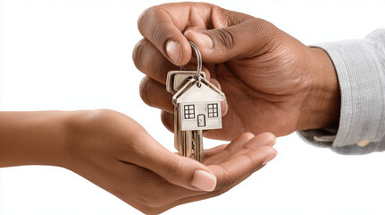 Real estate agent handing over house keys to a new homeowner, symbolizing successful property purchase and home ownership, isolated on a transparent background.