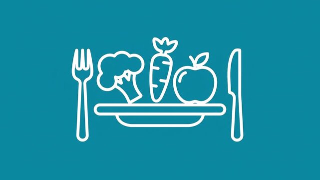 Broccoli, Carrot, and Apple on Plate Portion Control and Wellness Symbol, Healthy Eating Plate Icon, Minimalist Outline Icon of Balanced Meal with Fruit and Vegetables