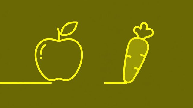 Apple and Carrot Minimalist Vector Illustration on Teal Background Healthy Eating Concept,  Flat 2D vector outline animation 
