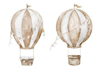 Air Balloon watercolor illustrations. Clipart of airships with garlands and flags in pastel beige colors for Baby shower greeting cards or childish invitations. Art for nursery posters or kids design. © Alisles