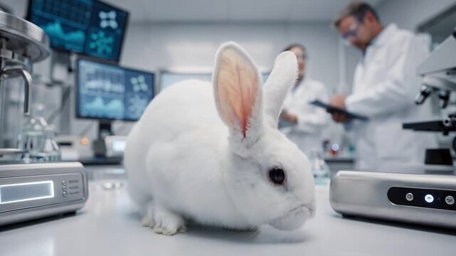 White rabbit in a laboratory with scientists conducting research experiments.