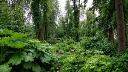 Obraz premium Lush Edible Forest Garden with Diverse Fruit Trees and Abundant Greenery