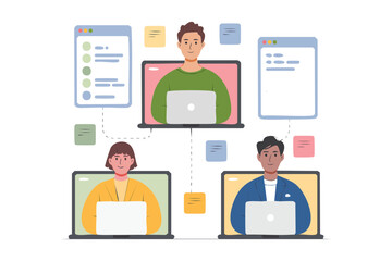 Vector illustration of remote teamwork with people working online through laptops and video calls. Represents virtual meeting, remote work, online collaboration, and digital communication.

