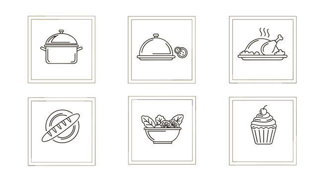 Set of six minimalist food and cooking icons in a simple line art style, framed for a modern restaurant menu design.