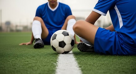 Obraz premium Two soccer players in blue uniforms sitting on a green field with a ball between them