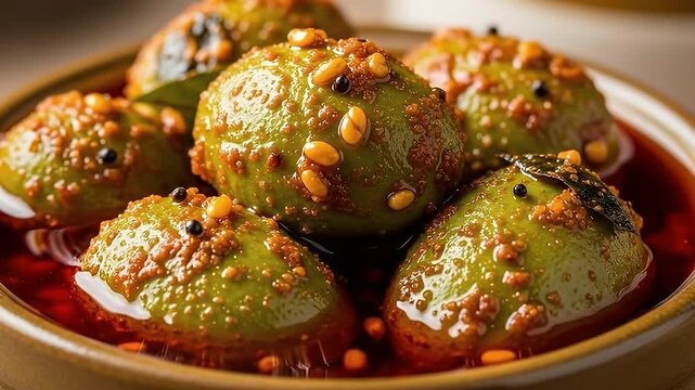 A vibrant close-up reveals several green, textured food items, likely pickled fruits or vegetables, immersed in a rich, reddish-brown, oily sauce. Each piece is adorned with small seeds and a hint of 