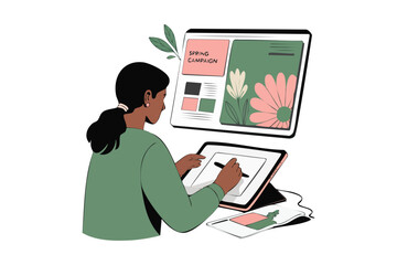 Flat vector illustration of a professional woman analyzing data charts on a screen. Ideal for business analytics, finance, and reporting concepts.

