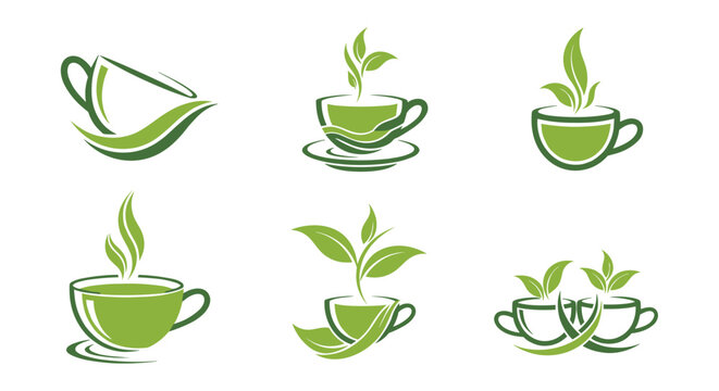 Set of six green tea icons in a sketchy style, featuring cups and teapots with leaves growing from them for a natural feel.